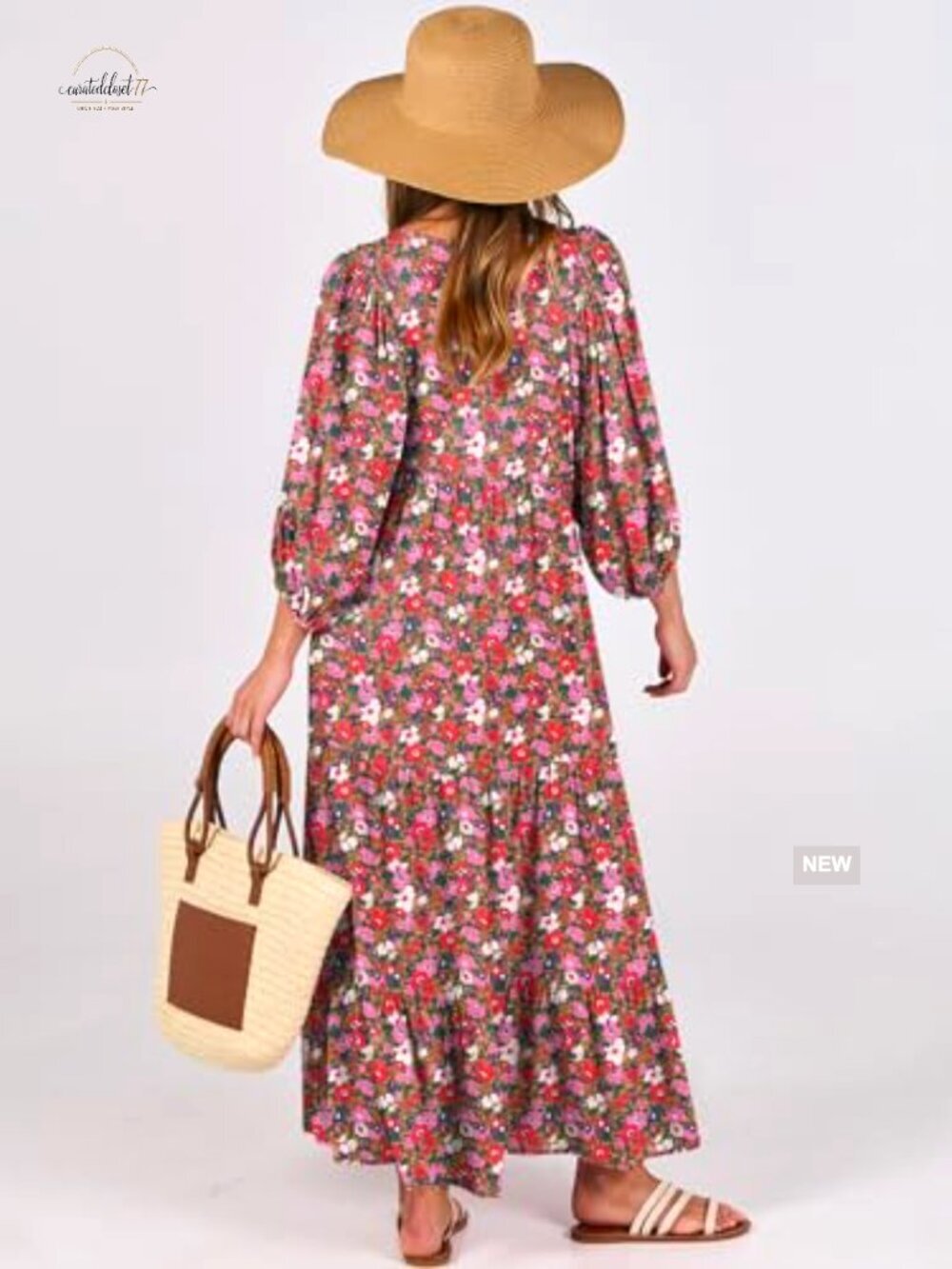 Boho Maxi Dress with V Neck Puff Sleeves Flowy Swing Casual Long Dress - Picture 5 of 7